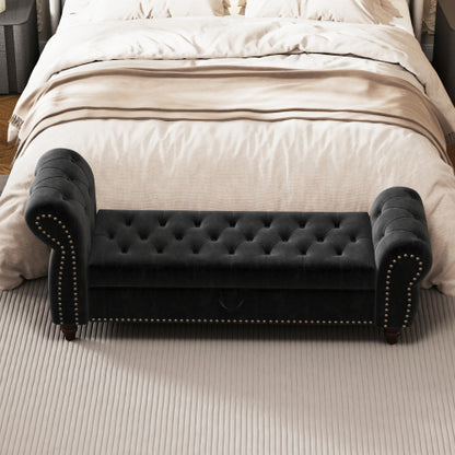 64.5inch  Bed Bench for Bed Room Nails Tufted Chaise of Lounge with Storage Velvet Upholstery Black