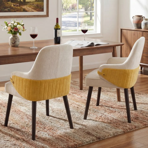 Set of 2 Beige & Yellow Two-Tone Fabric Dining Armchairs, Modern Accent Chairs for Dining Room