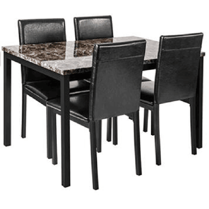 5-Piece Black Metal Dining Set, Faux Marble Top Table & 4 Dark Brown Faux Leather Chairs