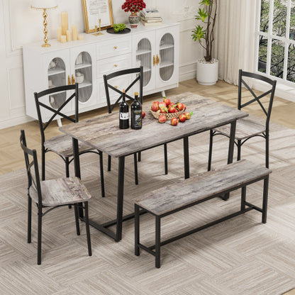 6-Piece Gray Industrial Dining Set, MDF Table, 4 Chairs & 1 Bench