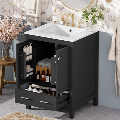 24-inch bathroom vanity with integrated undermount basin and a storage cabinet featuring 2 doors and 1 drawer. Includes double-layer door shelf, soft-close design, and versatile storage solutions