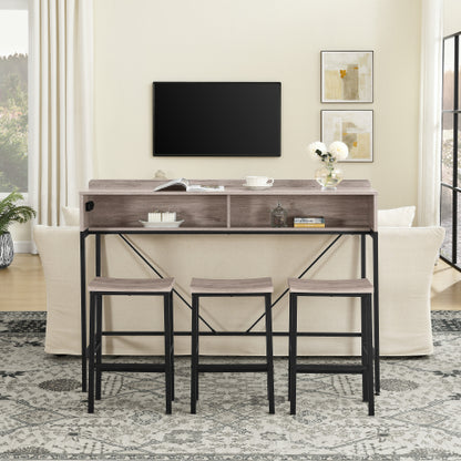 4-Piece 59inch  Bar Table Set with LED & Outlet, MDF Table & 3 Saddle Stools