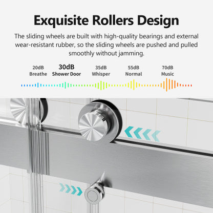 56-60 inches W *76 inches H Frameless Double Sliding Soft-Close Shower Door in Brushed Nickel,3/8 inches (10mm) Thick SGCC Tempered Glass Door