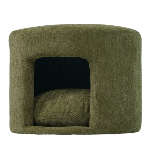 23.6 inch Round Green Pet Friendly Ottoman with Hidden Pet Nook, Acacia Wood Legs, 220 LBS Loading Capacity