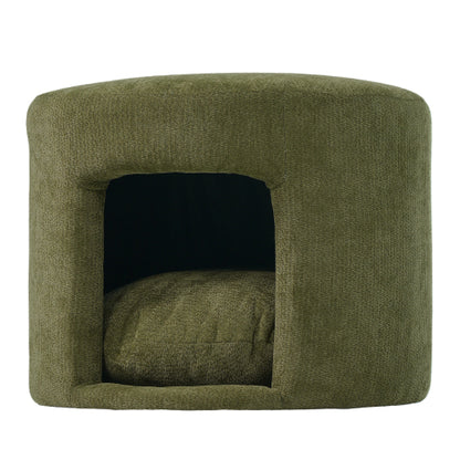 23.6 inch Round Green Pet Friendly Ottoman with Hidden Pet Nook, Acacia Wood Legs, 220 LBS Loading Capacity
