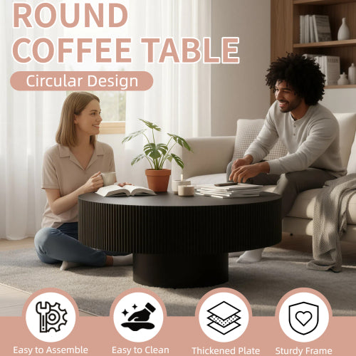 Black Fluted Round Pedestal Coffee Table, Mid Century Modern
