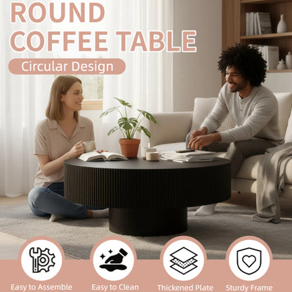 Black Fluted Round Pedestal Coffee Table, Mid Century Modern
