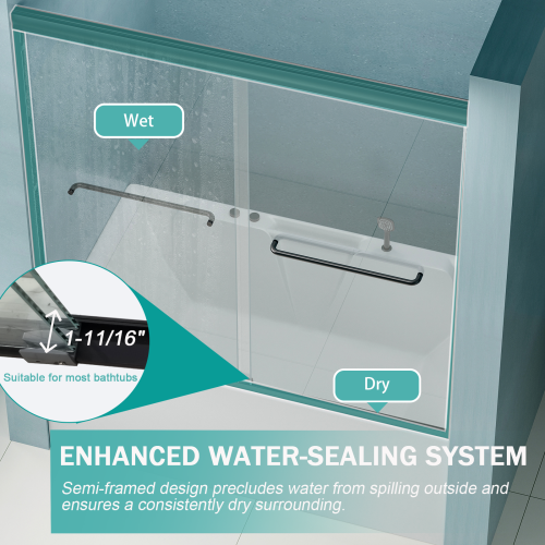 56"-60" W x 58" H Double Sliding Bathtub Shower Door, Semi-Frameless Bypass Tub Door, 1/4" (6mm) Tempered Glass with Explosion-Proof Film, Adjustable Aluminum Alloy Frame, Matte Black 24D03-T60MBX