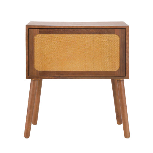 Rattan Nightstand with Hidden Storage Compartment, Mid Century Modern Bedside Table with Wood Legs, Walnut End Table