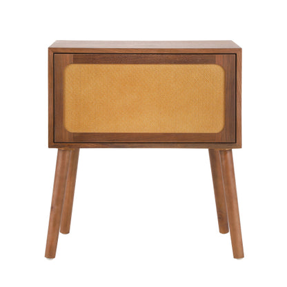 Rattan Nightstand with Hidden Storage Compartment, Mid Century Modern Bedside Table with Wood Legs, Walnut End Table