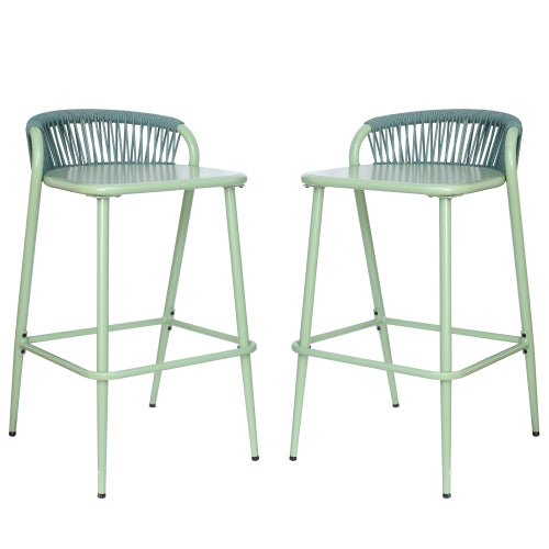 Outdoor 29" Seat Height Aluminum Frame Barstools with Rope-woven Scallop-shaped Backrest, Set of 2, Sage