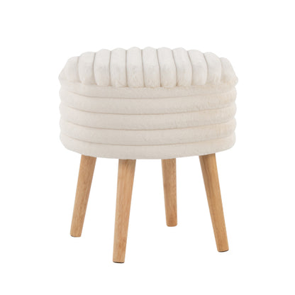 Set of 2 Storage Ottoman Faux Fur Accent Stools with Natural Wood Finish