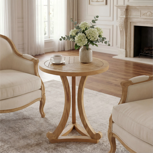 Natural Finish Round Wood Accent Table, Curved Tripod Base Slatted Top End Table, 17.72inch D x 20.67inch H