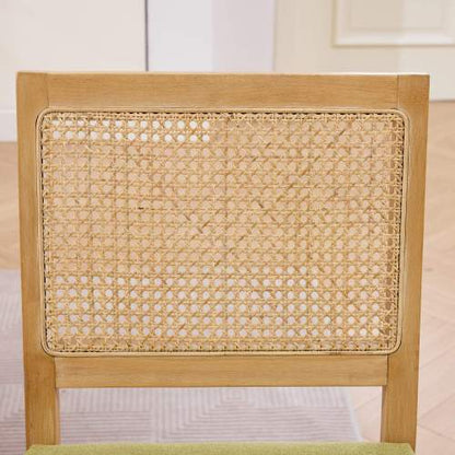 Set of 2 Olive Green Farmhouse Cane Rattan Dining Chairs, Distressed Solid Hardwood Linen Upholstered Side Chairs 300 LBS Capacity