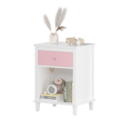 26.77''H Wooden Nightstand with One Drawer One Shelf for Kids, Adults, Pink+Golden handle