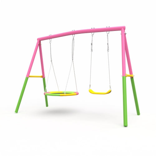 Swing Set for Backyard, 330lbs Swing Set with Heavy-Duty A-Frame Metal Outdoor Swing Stand, 1 Saucer Swing Seat & 1 Belt Swings Seat