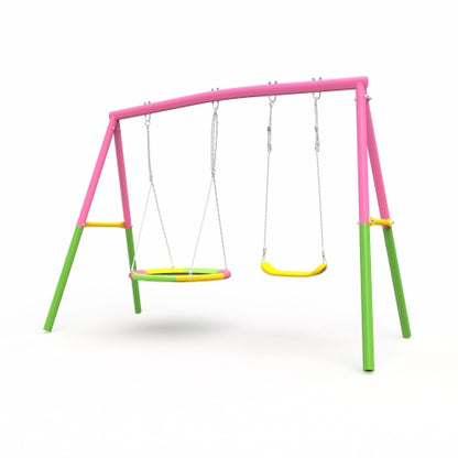 Swing Set for Backyard, 330lbs Swing Set with Heavy-Duty A-Frame Metal Outdoor Swing Stand, 1 Saucer Swing Seat & 1 Belt Swings Seat