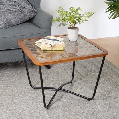 Modern Industrial Square Coffee Table Glass Top Metal Frame Wooden Accent Living Room Table