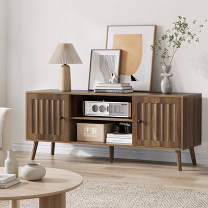 55 Inch Walnut Vertical Fluted Door Mid-Century TV Stand Adjustable Shelf Media Console Cabinet