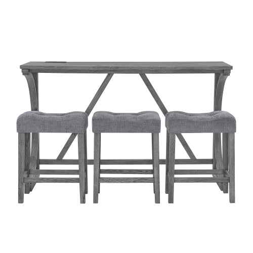 59 Inch Industrial Wood Bar Table Set with Charging Station, 4-Piece Brown Linen Upholstered Stools Dining Set
