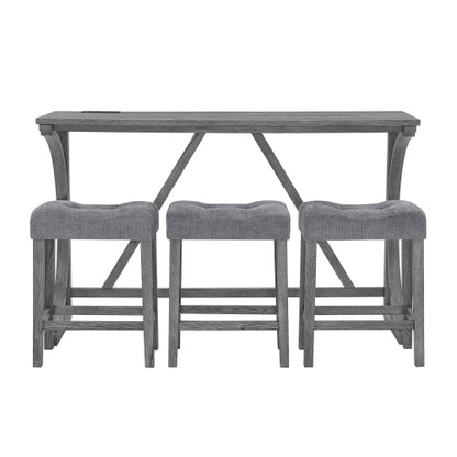 59 Inch Industrial Wood Bar Table Set with Charging Station, 4-Piece Brown Linen Upholstered Stools Dining Set