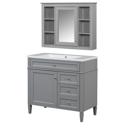 36'' Bathroom Vanity with Top Sink, Modern Bathroom Storage Cabinet with Mirror, 2 Drawers and a Tip-out Drawer, Mirror Cabinet with 6 Open Shelves, Single Sink Bathroom Vanity