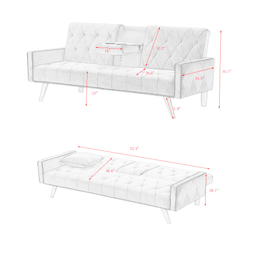 72-Inch Pink Velvet Convertible Sofa-Bed with Nail-Head Trim Dual Cup-Holders for Small-Space Living-Room