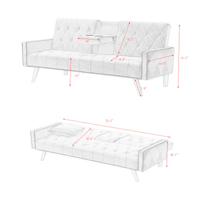 72-Inch Pink Velvet Convertible Sofa-Bed with Nail-Head Trim Dual Cup-Holders for Small-Space Living-Room