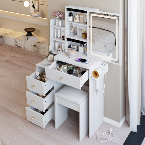 29.2" Small Size Left Bedside Cabinet Vanity Table + Cushioned Stool, 2 AC+2 USB Power Station, Hair dryer bracket, Extra Large Touch Control Sliding LED Mirror, Tri-color Switching, Brightness Adjust