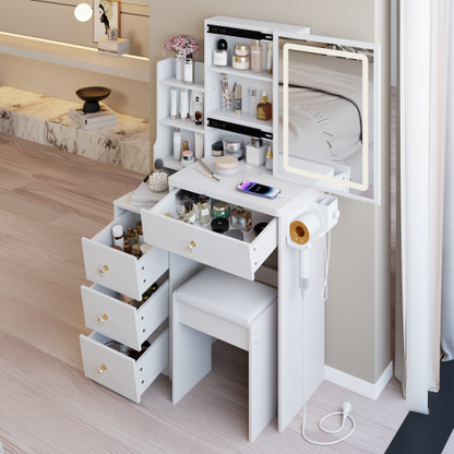29.2" Small Size Left Bedside Cabinet Vanity Table + Cushioned Stool, 2 AC+2 USB Power Station, Hair dryer bracket, Extra Large Touch Control Sliding LED Mirror, Tri-color Switching, Brightness Adjust