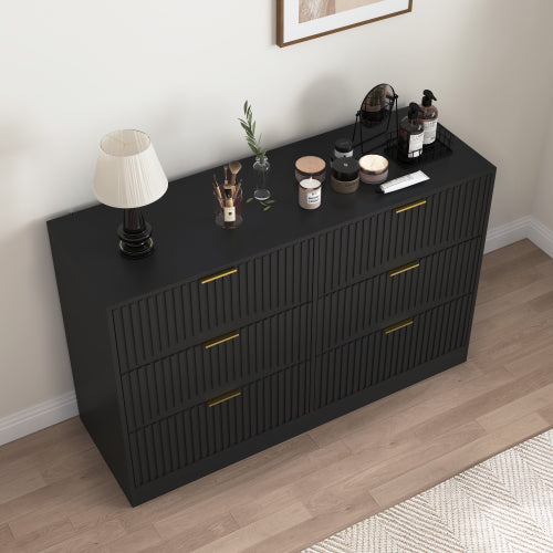 Modern 6-Drawer Dresser, Chest of Drawers for Bedroom, Living Room, Hallway, and Entryway - Large Storage Cabinet, Black,Drawer panel with wavy patterns
