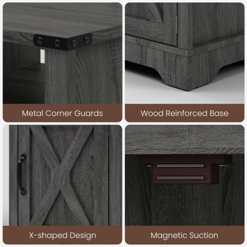 LED Nightstand with Charging Station, Farmhouse Wooden Side Table with Storage Cabinet
