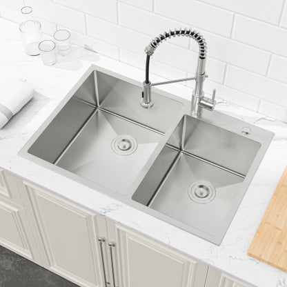 33"x19" Embedded Double Bowl Kitchen Sink, Overmount Handmade Sink in Brushed (Sink only)