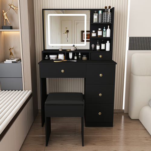Fashion Vanity Desk w/ 3-Color Dimmable LED Mirror, 4 Silent Sliding Drawers, Open Shelf for Bedroom, Black