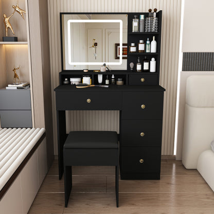 Fashion Vanity Desk w/ 3-Color Dimmable LED Mirror, 4 Silent Sliding Drawers, Open Shelf for Bedroom, Black