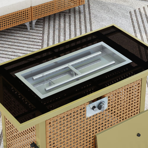 K&K 43" Propane Gas Fire Pit Table, 60000 BTU Rectangular Open Weave Wicker Fire Pit with Glass Wind Guard for Outside Patio Deck Garden Backyard - Orange & Mustard Yellow