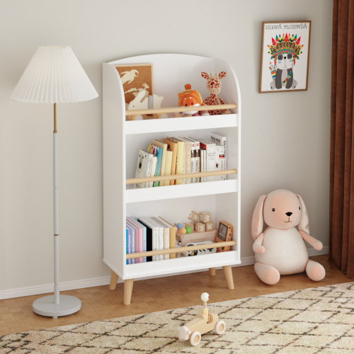 Kids 3-Tier Bookshelf and Toy Storage Organizer with Pine Legs, White
