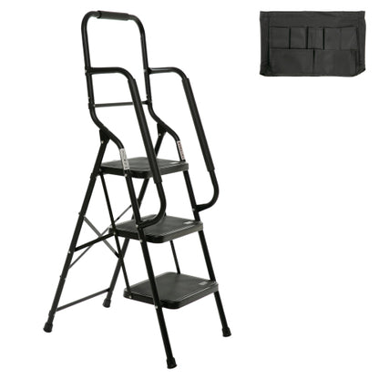 3 Step Ladder with Handrails 500 lb Capacity Step Stool Folding Ladders for Home Kitchen Steel Frame with Safety Side Handrails Non-Slip Wide Pedal Stepladder with Attachable Tool Bag Black