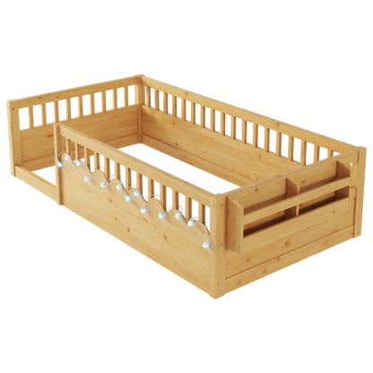 Twin Montessori Floor Bed Frame with High Rails, Wood Kids Floor Beds with Light and Storage Shelf, Natural