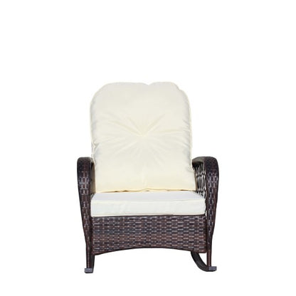 Outdoor Wicker Rocking Chair with Wide Seat, Thick, Soft Cushion, Rattan Rocker w/Steel Frame, High Weight Capacity for Patio, Garden, Backyard, Beige Cushion