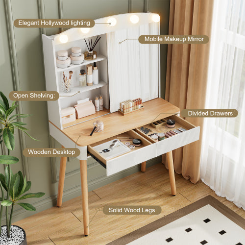 White Small Vanity Desk with Mirror & Lights, Sliding Mirror, 2 Fluted Drawers, 3 Lighting Colors, Natural Wood Accent