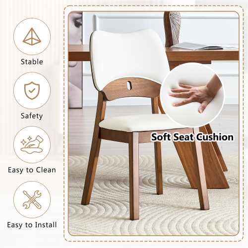 Set of 2 Walnut Wood Dining Chairs, White PU Upholstered Hollow Back Kitchen Chairs