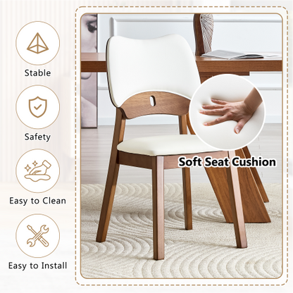 Set of 2 Walnut Wood Dining Chairs, White PU Upholstered Hollow Back Kitchen Chairs