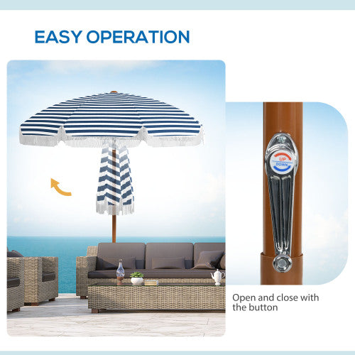 Outsunny 7 x 7 ft Outdoor Patio Umbrella with Tilt, Vent, Market Table Umbrella Parasol with Fringed Ruffles and Flounce, Blue Strip