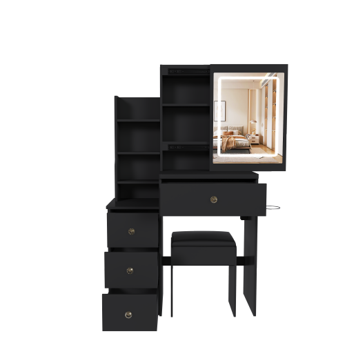 Contemporary Black Vanity Desk with LED Mirror, 4 Drawers & Open Storage, Outlet & Dryer Holder, Includes Dressing Chair