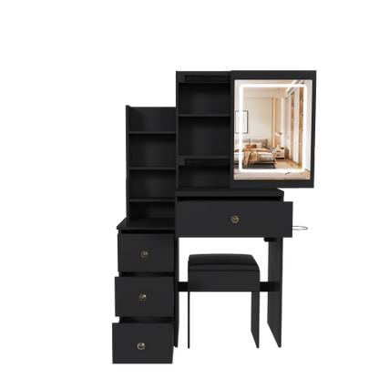Contemporary Black Vanity Desk with LED Mirror, 4 Drawers & Open Storage, Outlet & Dryer Holder, Includes Dressing Chair
