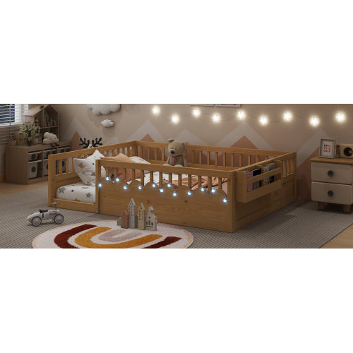 Full Montessori Floor Bed Frame with High Rails, Wood Kids Floor Beds with Light and Storage Shelf, Natural