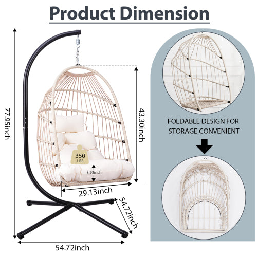 Foldable Hanging Egg Chair with Stand and Pillow, HDPE Rattan and Heavy Duty Aluminum-Steel Frame, Outdoor Patio Wicker Swing Egg Chair with Headrest and Cushioned, (Beige)