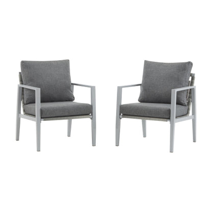 [Set of 2] Silver Aluminum Lounge Chair with Sleek Rope Accents and Comfortable Cushions, Perfect for Modern Outdoor and Indoor Spaces