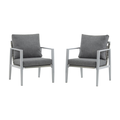 [Set of 2] Silver Aluminum Lounge Chair with Sleek Rope Accents and Comfortable Cushions, Perfect for Modern Outdoor and Indoor Spaces